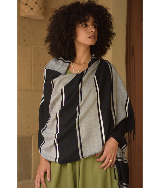Black & Light grey Viscose Shawl with Fringes handmade in Egypt & available at Jozee Boutique.handmade in Egypt & available at Jozee Boutique.