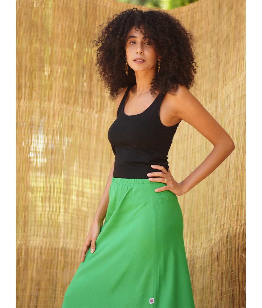 Green Linen Side-Slit Skirt with Elastic Waistband