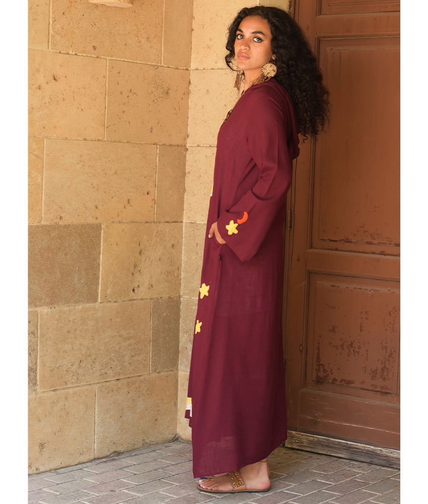 Burgundy Linen Dress with Khayameya Ancient Egyptian Crafts Patchwork