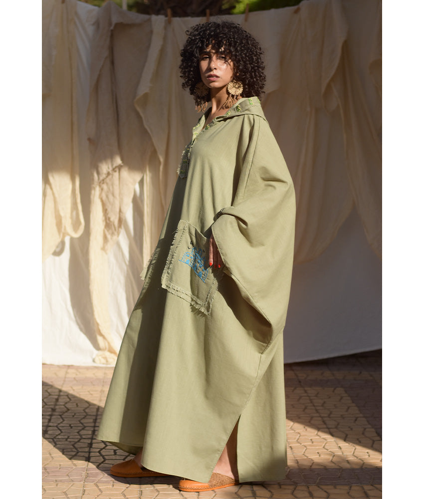 Light Olive Hand Embroidered Linen Kaftan with Hoodie handmade in Egypt & available at Jozee Boutique.