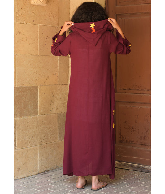 Burgundy Linen Dress with Khayameya Ancient Egyptian Crafts Patchwork