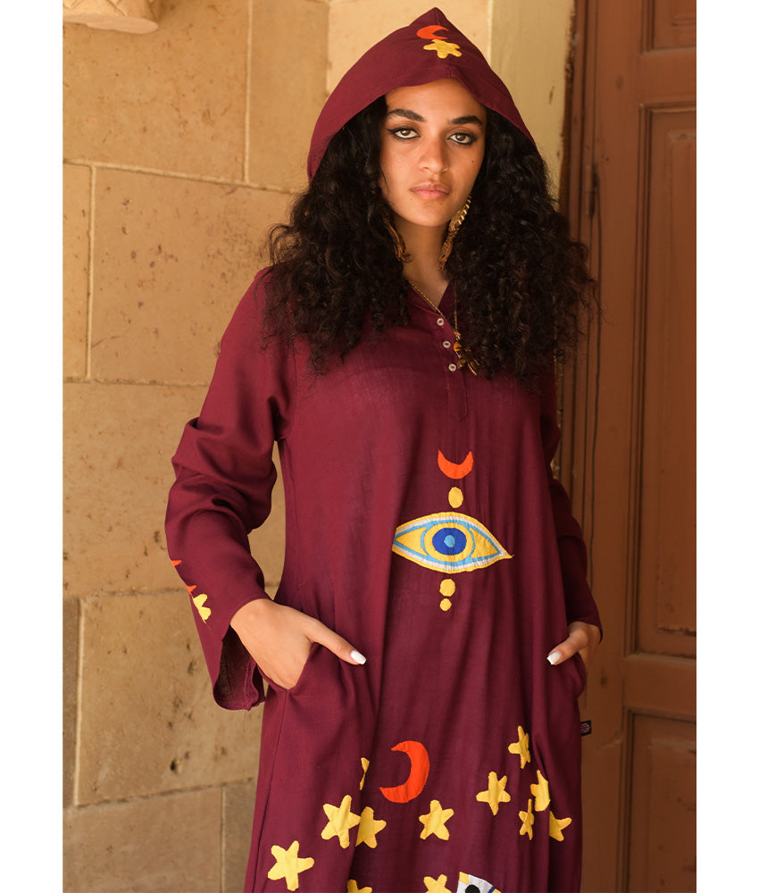 Burgundy Linen Dress with Khayameya Ancient Egyptian Crafts Patchwork