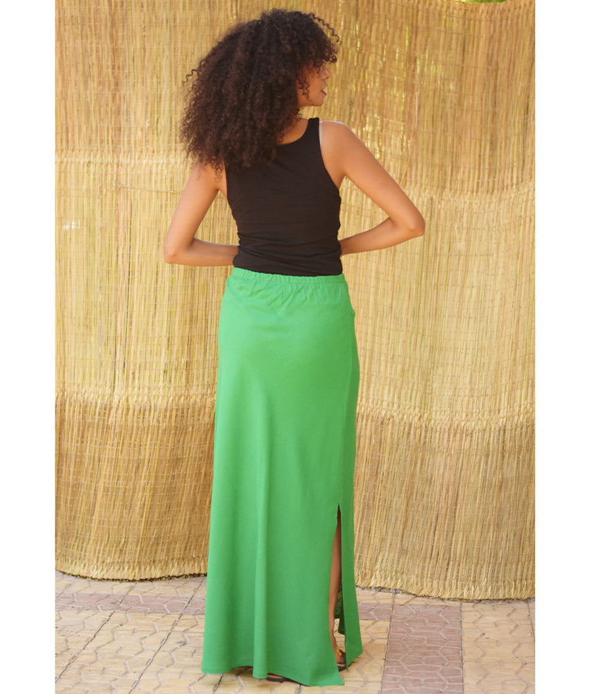 Green Linen Side-Slit Skirt with Elastic Waistband