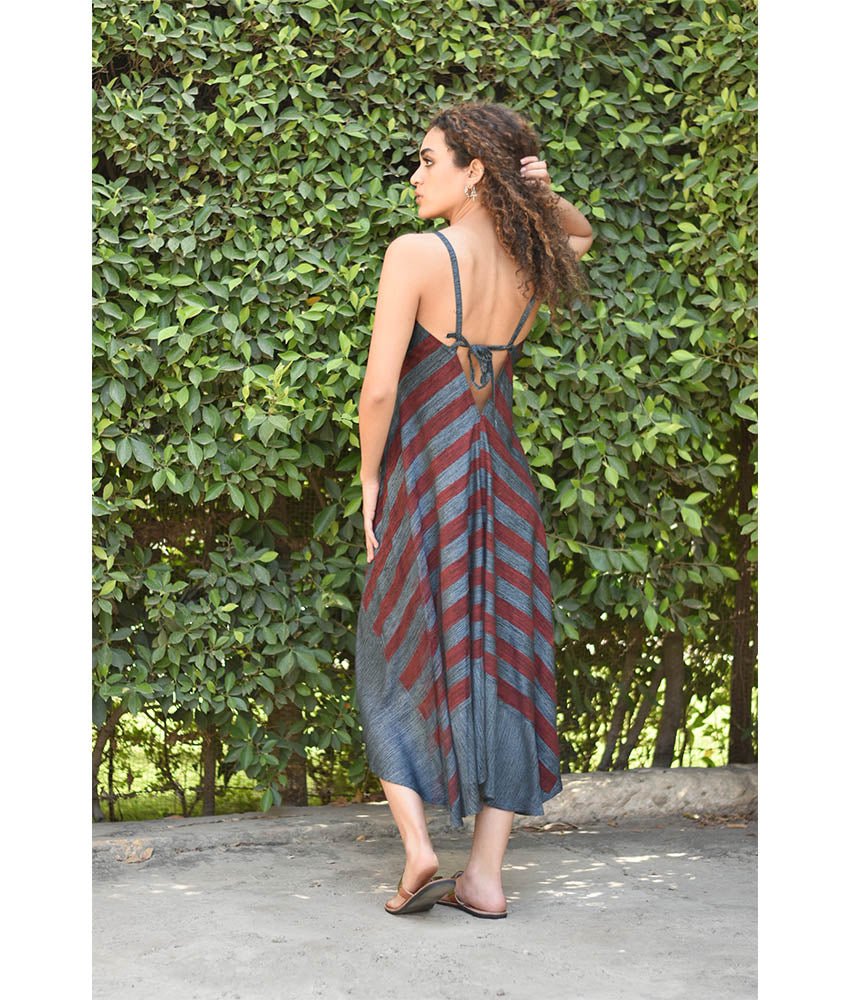 Grey & Red Backless Viscose Midi Dress made in Egypt & available in Jozee boutique