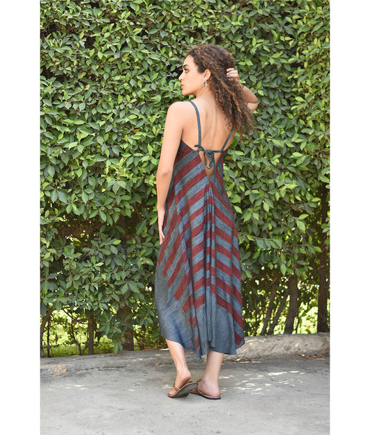 Grey & Red Backless Viscose Midi Dress made in Egypt & available in Jozee boutique