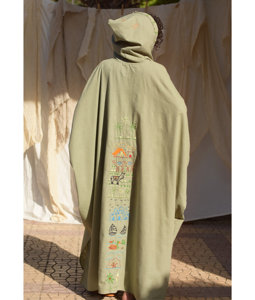 Light Olive Hand Embroidered Linen Kaftan with Hoodie handmade in Egypt & available at Jozee Boutique.