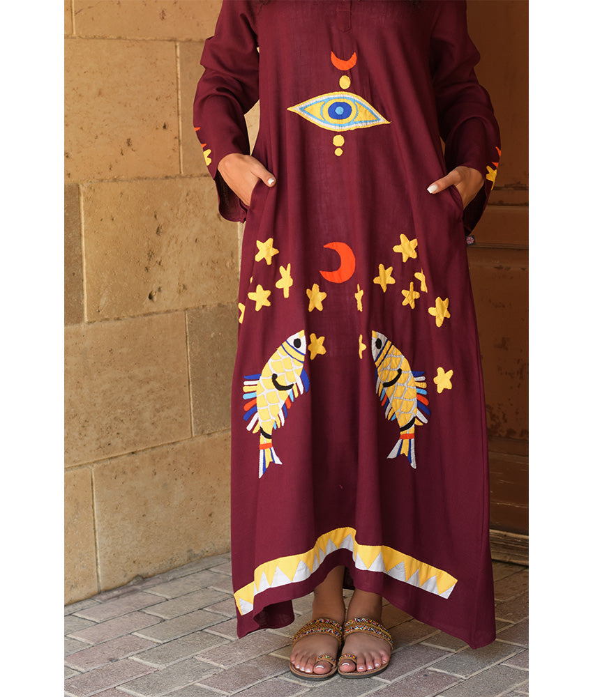 Burgundy Linen Dress with Khayameya Ancient Egyptian Crafts Patchwork