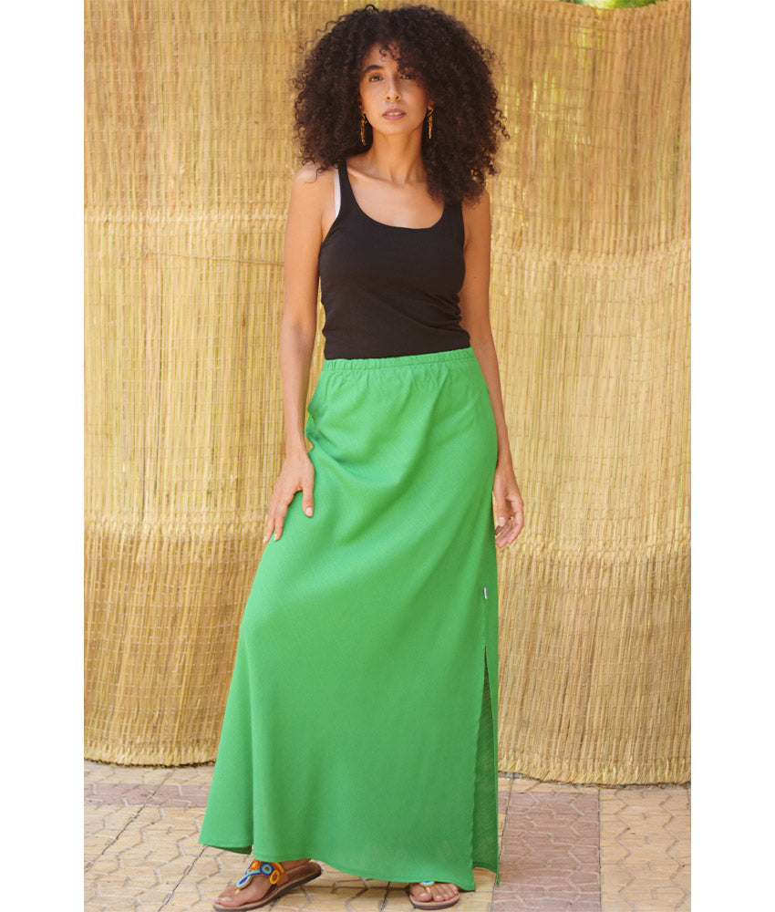 Green Linen Side-Slit Skirt with Elastic Waistband