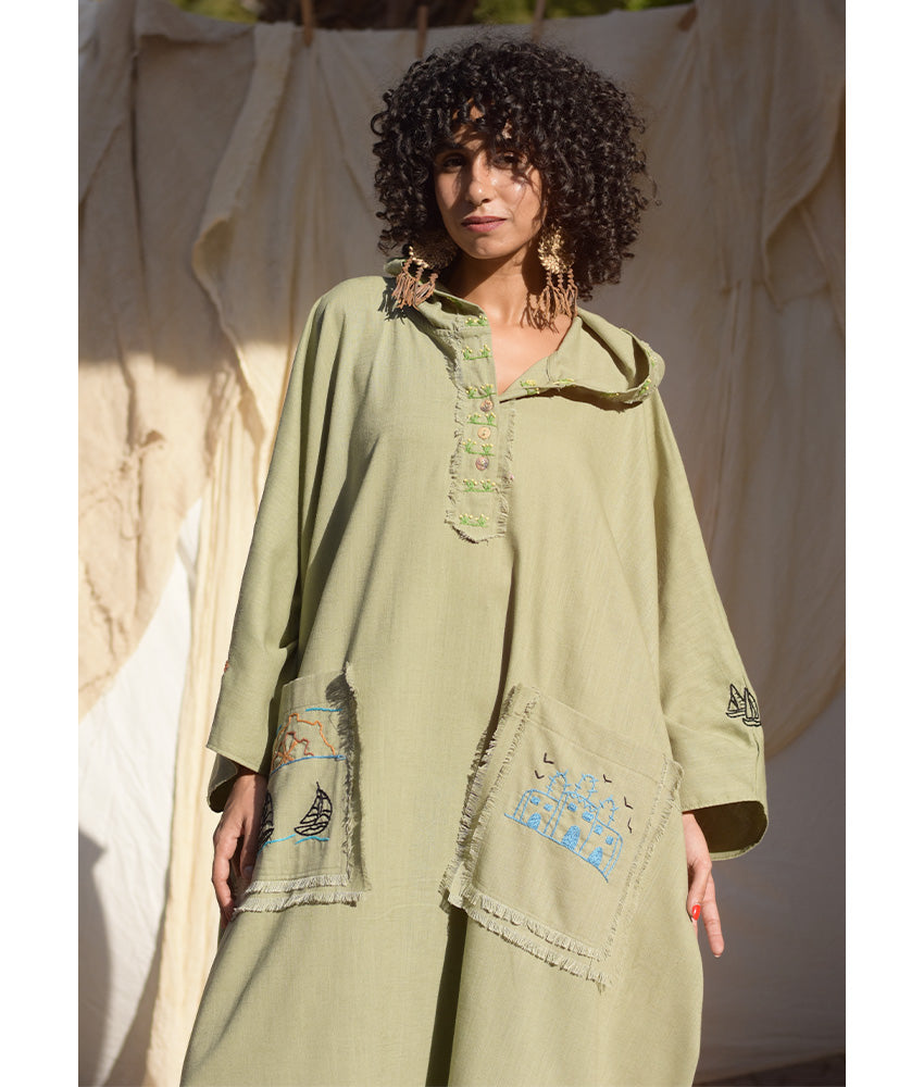 Light Olive Hand Embroidered Linen Kaftan with Hoodie handmade in Egypt & available at Jozee Boutique.