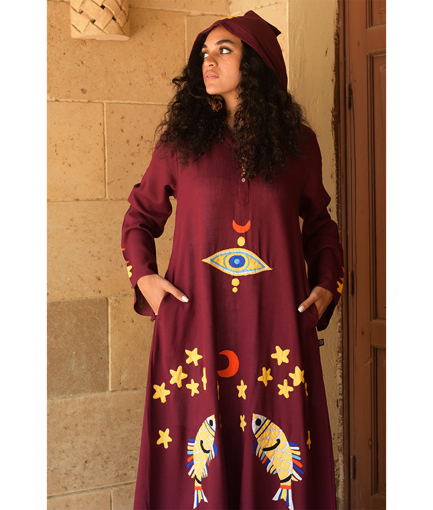 Burgundy Linen Dress with Khayameya Ancient Egyptian Crafts Patchwork