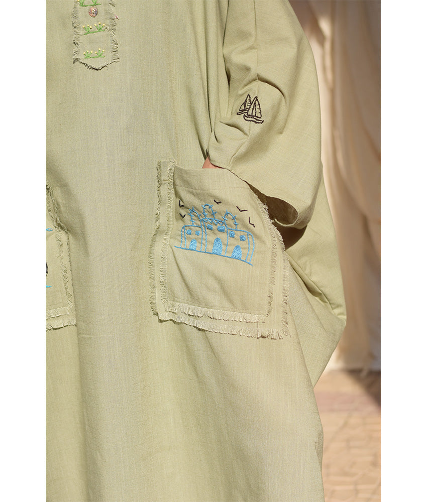Light Olive Hand Embroidered Linen Kaftan with Hoodie handmade in Egypt & available at Jozee Boutique.