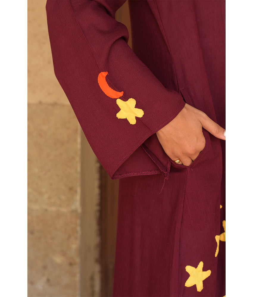 Burgundy Linen Dress with Khayameya Ancient Egyptian Crafts Patchwork