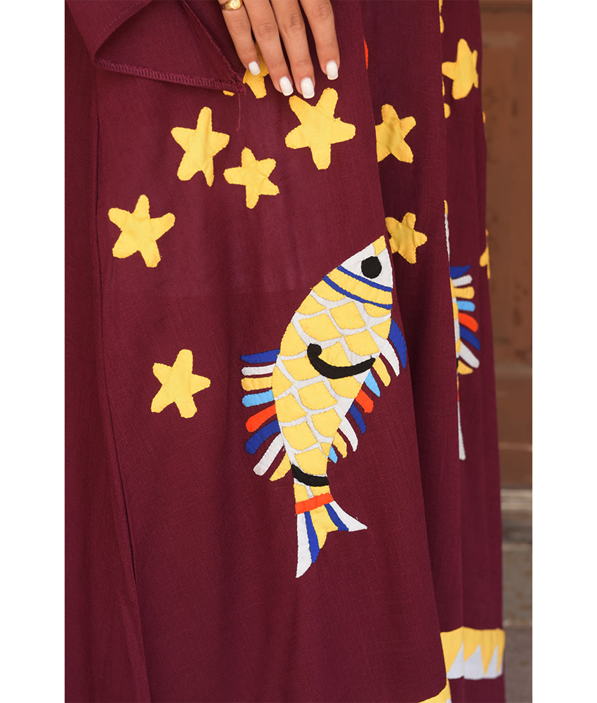 Burgundy Linen Dress with Khayameya Ancient Egyptian Crafts Patchwork