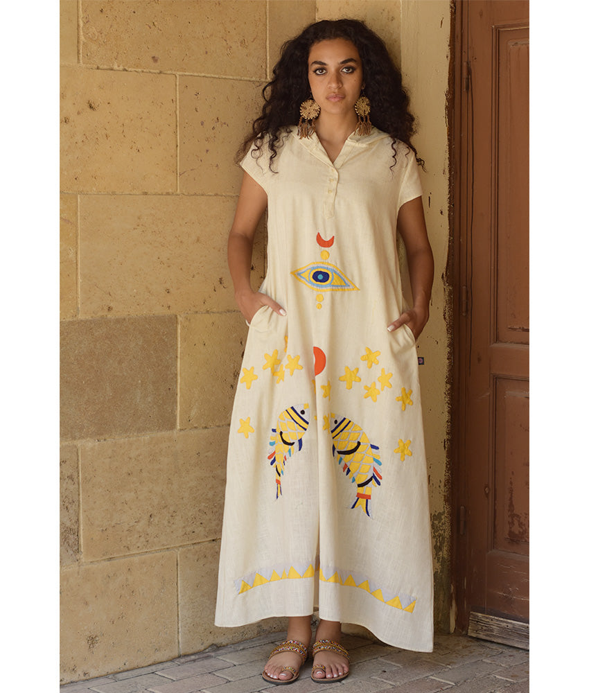 Off White Linen Dress with Khayameya Ancient Egyptian Crafts Patchwork