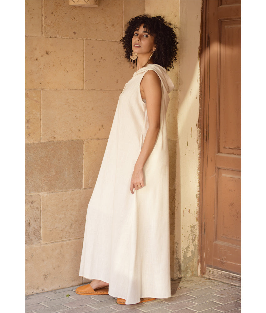 Off White Linen Dress with Hoodie handmade in Egypt & available at Jozee Boutique.