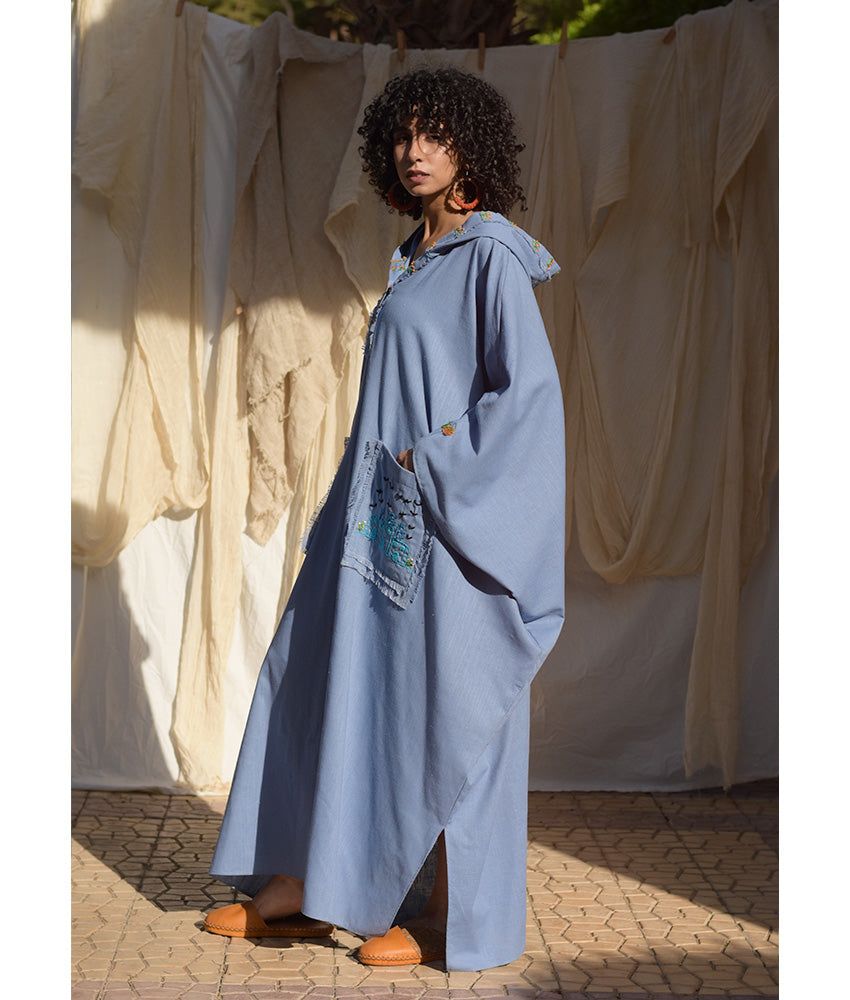 Denim Blue Hand Embroidered Linen Kaftan with Hoodie handmade in Egypt & available at Jozee Boutique.