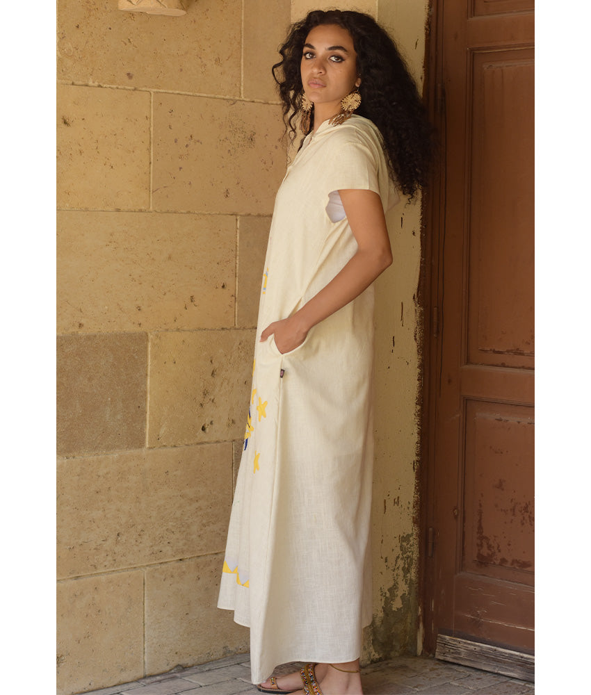 Off White Linen Dress with Khayameya Ancient Egyptian Crafts Patchwork