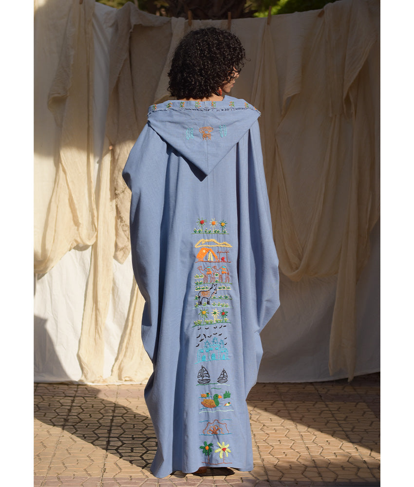 Denim Blue Hand Embroidered Linen Kaftan with Hoodie handmade in Egypt & available at Jozee Boutique.
