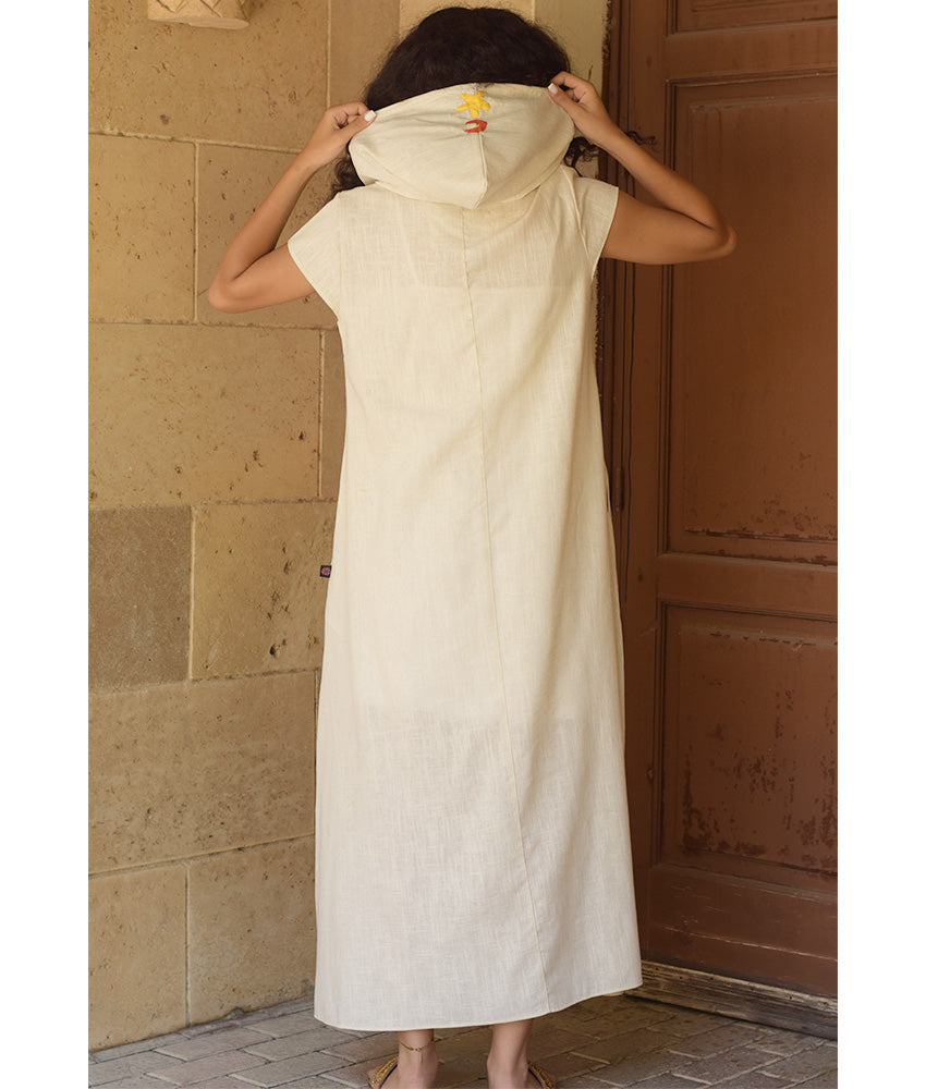 Off White Linen Dress with Khayameya Ancient Egyptian Crafts Patchwork