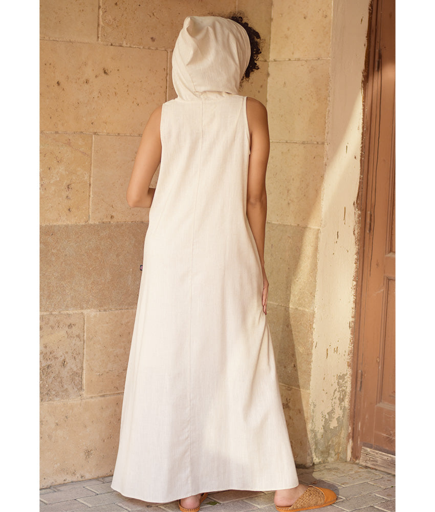 Off White Linen Dress with Hoodie handmade in Egypt & available at Jozee Boutique.