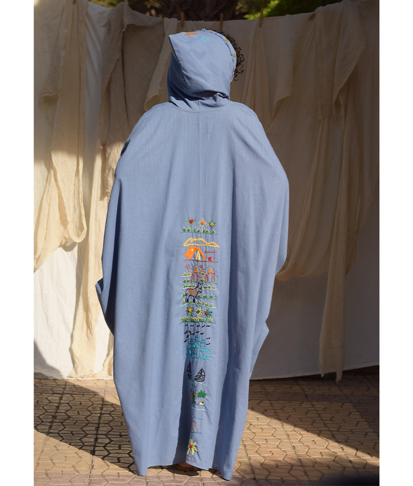 Denim Blue Hand Embroidered Linen Kaftan with Hoodie handmade in Egypt & available at Jozee Boutique.