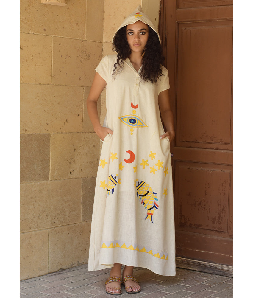 Off White Linen Dress with Khayameya Ancient Egyptian Crafts Patchwork