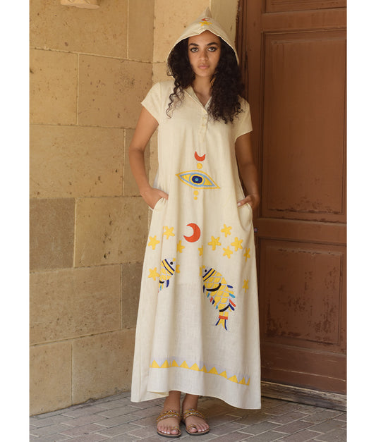 Off White Linen Dress with Khayameya Ancient Egyptian Crafts Patchwork
