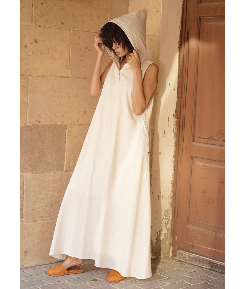 Off White Linen Dress with Hoodie handmade in Egypt & available at Jozee Boutique.