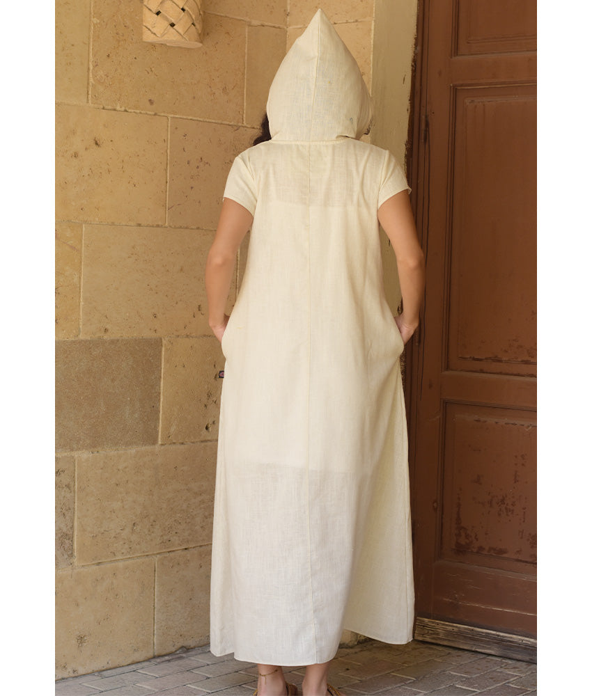 Off White Linen Dress with Khayameya Ancient Egyptian Crafts Patchwork