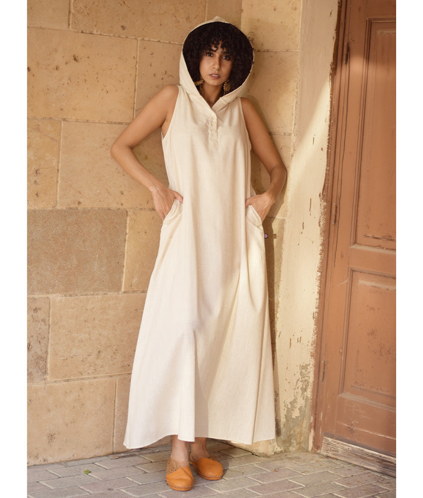 Off White Linen Dress with Hoodie handmade in Egypt & available at Jozee Boutique.