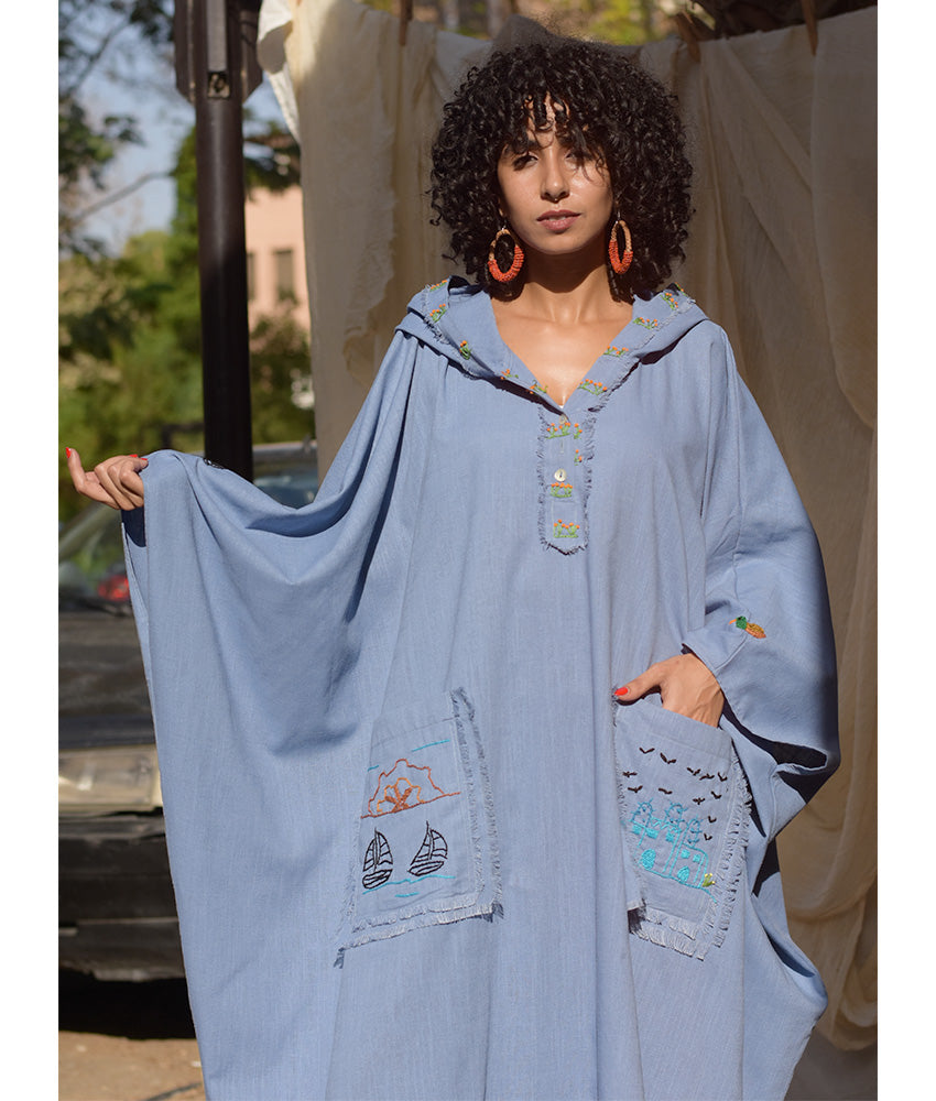 Denim Blue Hand Embroidered Linen Kaftan with Hoodie handmade in Egypt & available at Jozee Boutique.