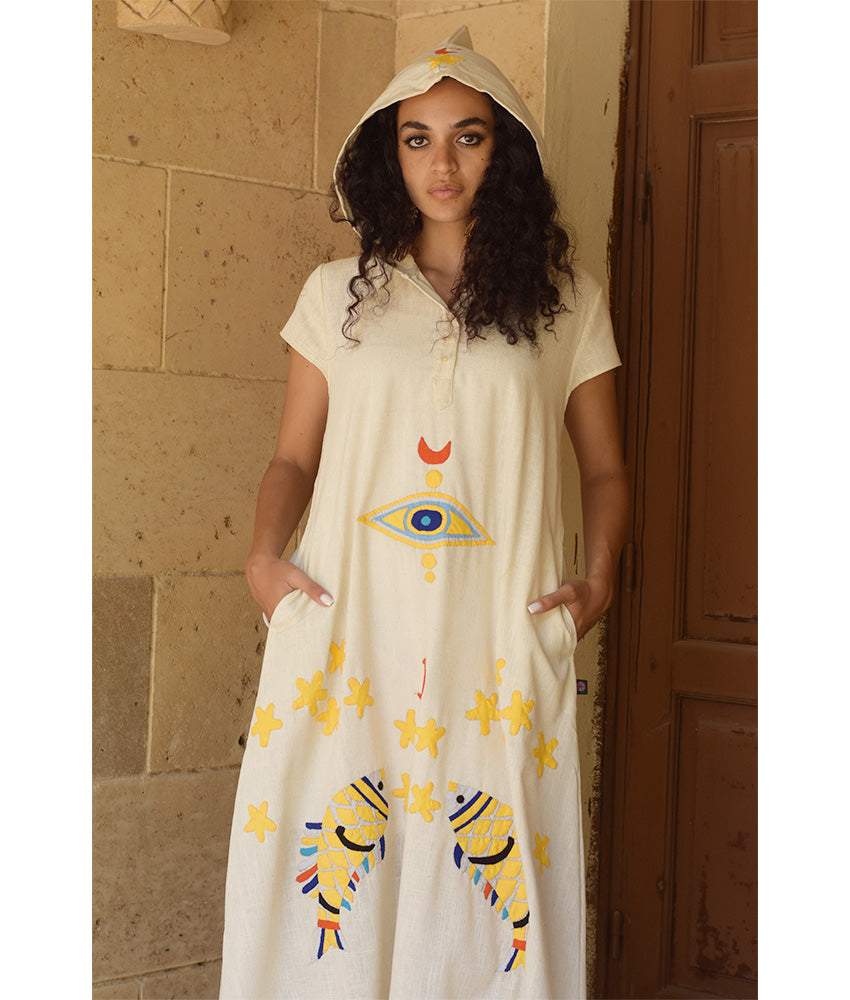 Off White Linen Dress with Khayameya Ancient Egyptian Crafts Patchwork