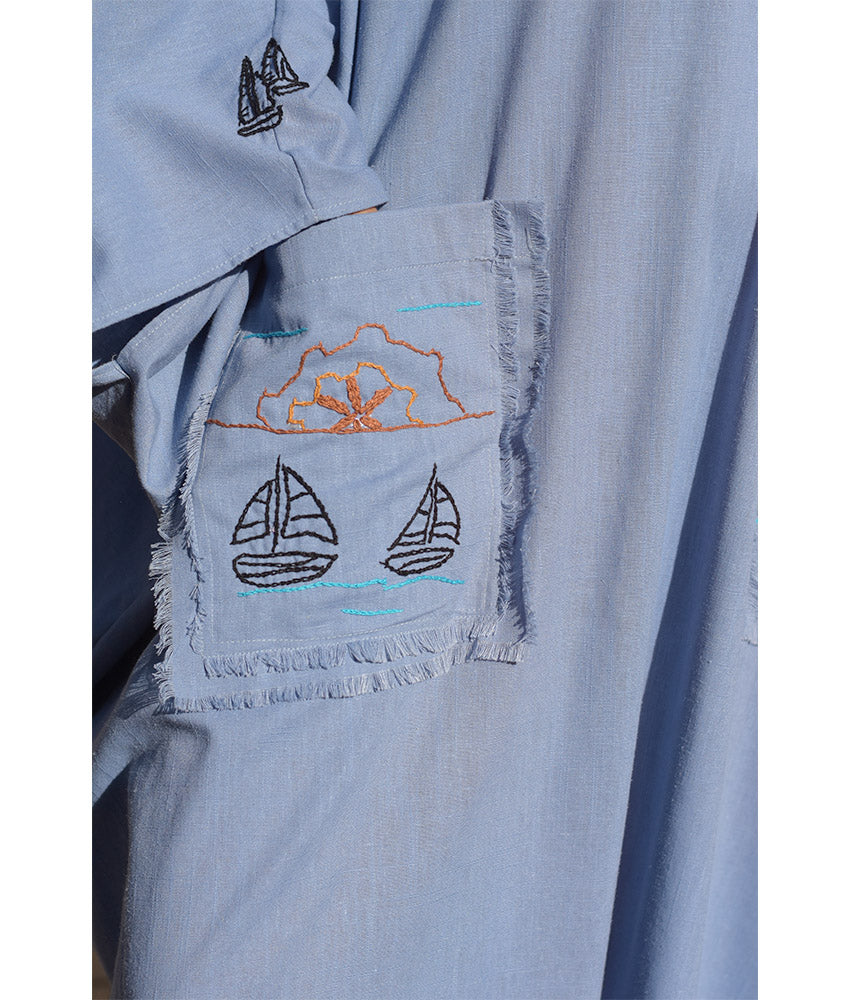 Denim Blue Hand Embroidered Linen Kaftan with Hoodie handmade in Egypt & available at Jozee Boutique.