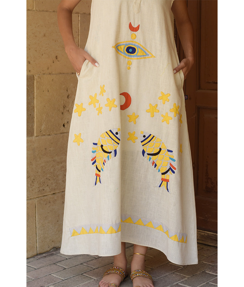 Off White Linen Dress with Khayameya Ancient Egyptian Crafts Patchwork