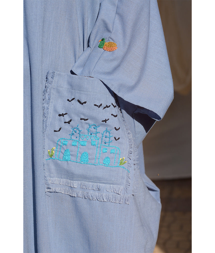 Denim Blue Hand Embroidered Linen Kaftan with Hoodie handmade in Egypt & available at Jozee Boutique.