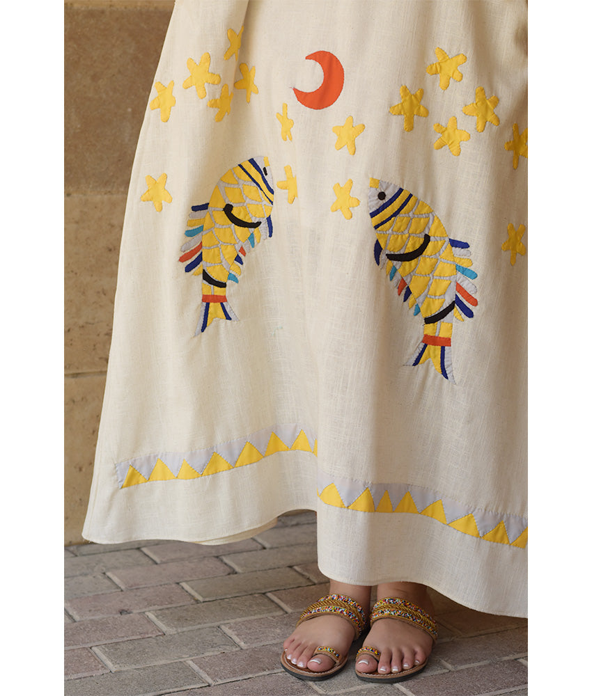 Off White Linen Dress with Khayameya Ancient Egyptian Crafts Patchwork