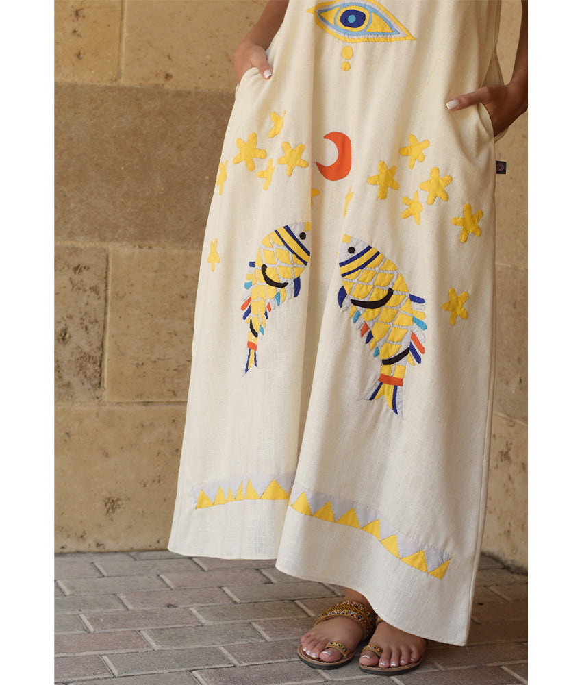 Off White Linen Dress with Khayameya Ancient Egyptian Crafts Patchwork