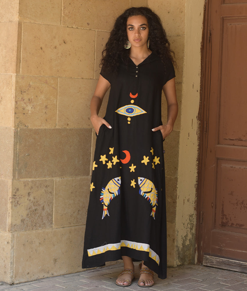 Black Linen Dress with Khayameya Ancient Egyptian Crafts Patchwork