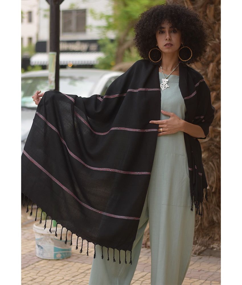 Black Viscose Shawl with Fringes handmade in Egypt & available at Jozee Boutique.handmade in Egypt & available at Jozee Boutique.