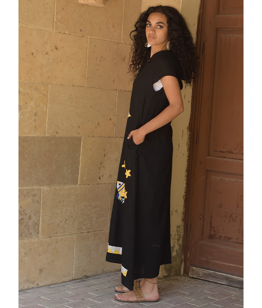 Black Linen Dress with Khayameya Ancient Egyptian Crafts Patchwork