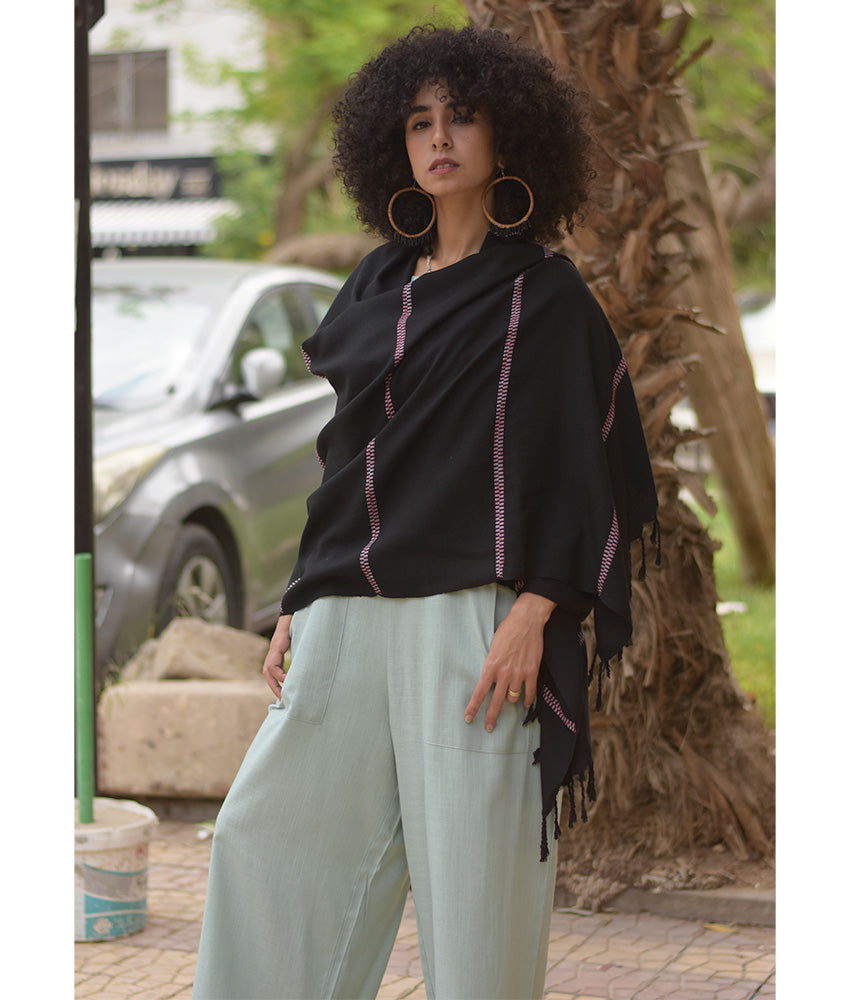 Black Viscose Shawl with Fringes handmade in Egypt & available at Jozee Boutique.handmade in Egypt & available at Jozee Boutique.