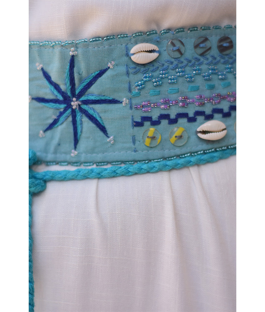 Aqua Saint Catherine Embroidered Wide Belt handmade in Egypt & available at Jozee boutique