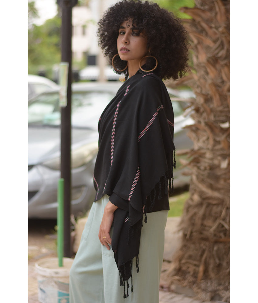 Black Viscose Shawl with Fringes handmade in Egypt & available at Jozee Boutique.handmade in Egypt & available at Jozee Boutique.