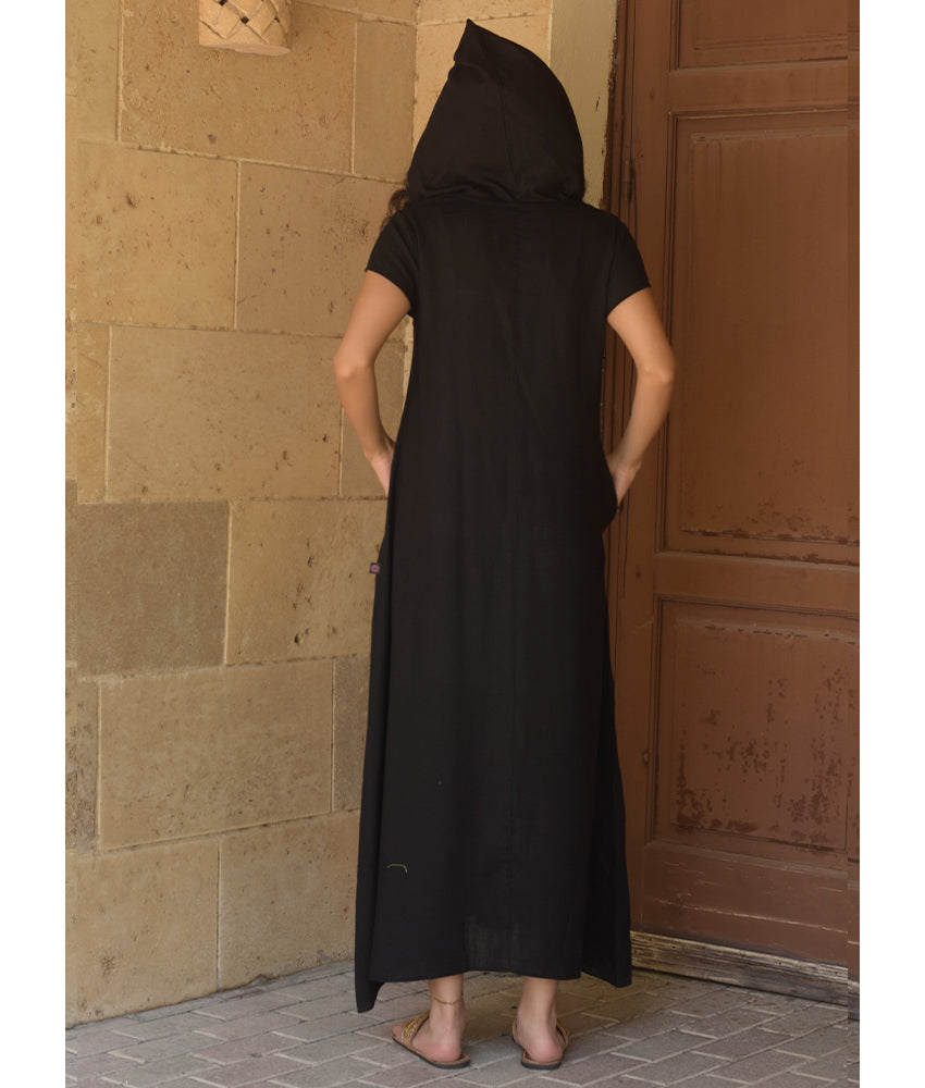 Black Linen Dress with Khayameya Ancient Egyptian Crafts Patchwork