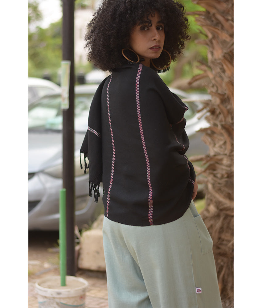 Black Viscose Shawl with Fringes handmade in Egypt & available at Jozee Boutique.handmade in Egypt & available at Jozee Boutique.