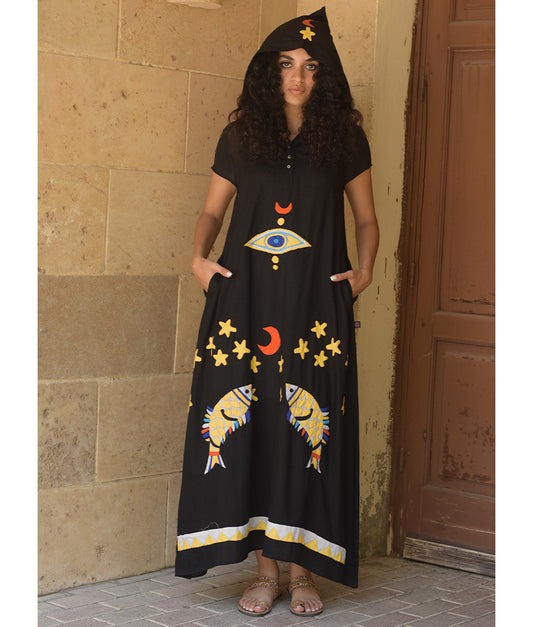 Black Linen Dress with Khayameya Ancient Egyptian Crafts Patchwork
