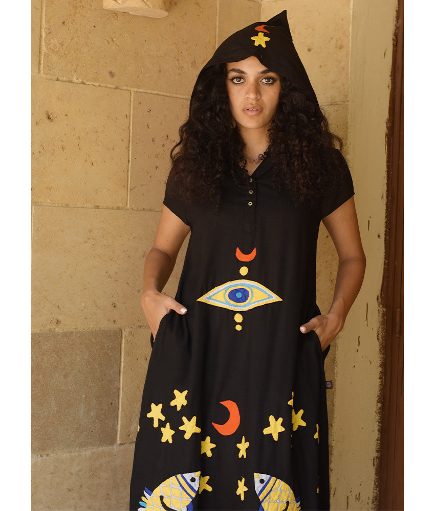 Black Linen Dress with Khayameya Ancient Egyptian Crafts Patchwork