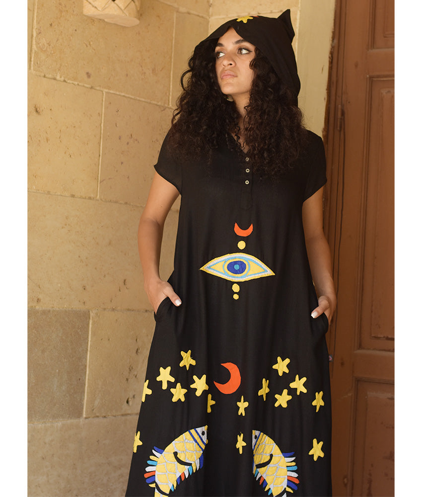 Black Linen Dress with Khayameya Ancient Egyptian Crafts Patchwork