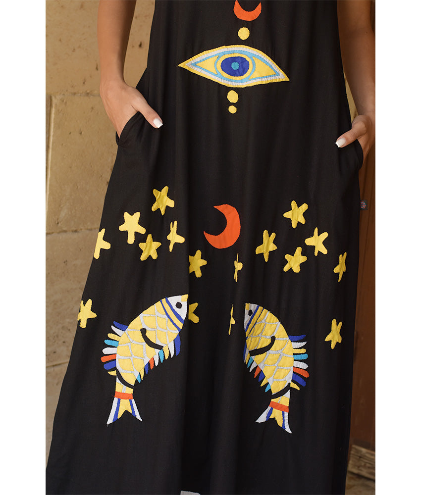 Black Linen Dress with Khayameya Ancient Egyptian Crafts Patchwork