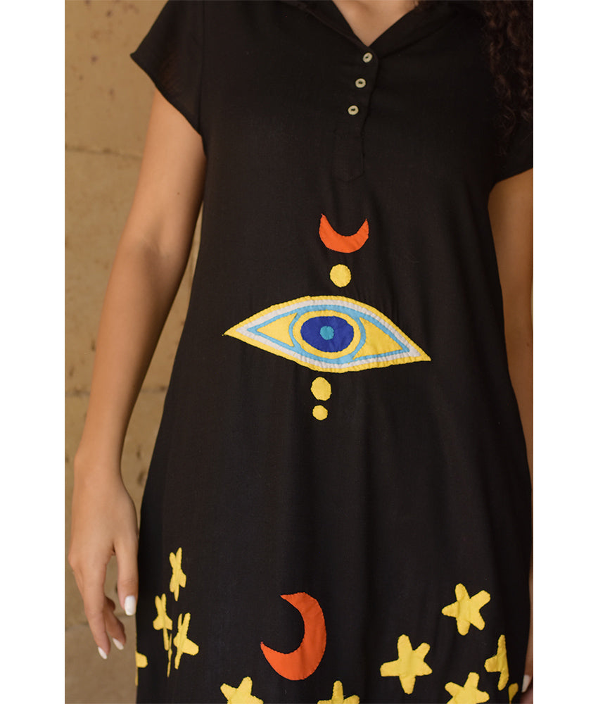 Black Linen Dress with Khayameya Ancient Egyptian Crafts Patchwork